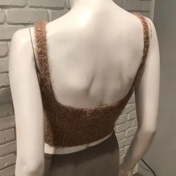 FUZZY BEIGE & TAN CROPPED GOLD METALLIC TANK SWEATER NWT - Picture 5 of 11